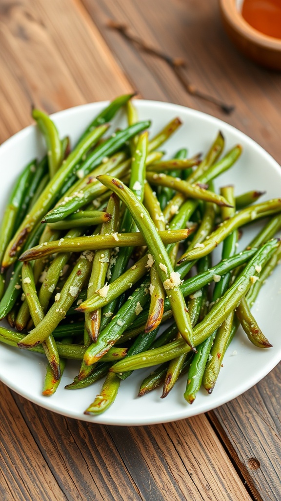 Crispy air fryer green beans garnished with Parmesan cheese on a rustic plate.